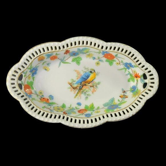 Bavaria Schumann Arzberg Pierced Oval Bowl Bird Floral Reticulated Vintage‎ READ - Picture 1 of 8